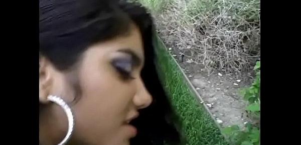  Long haired exotic young brunette Leah Jaye sucks and fucks outdoors